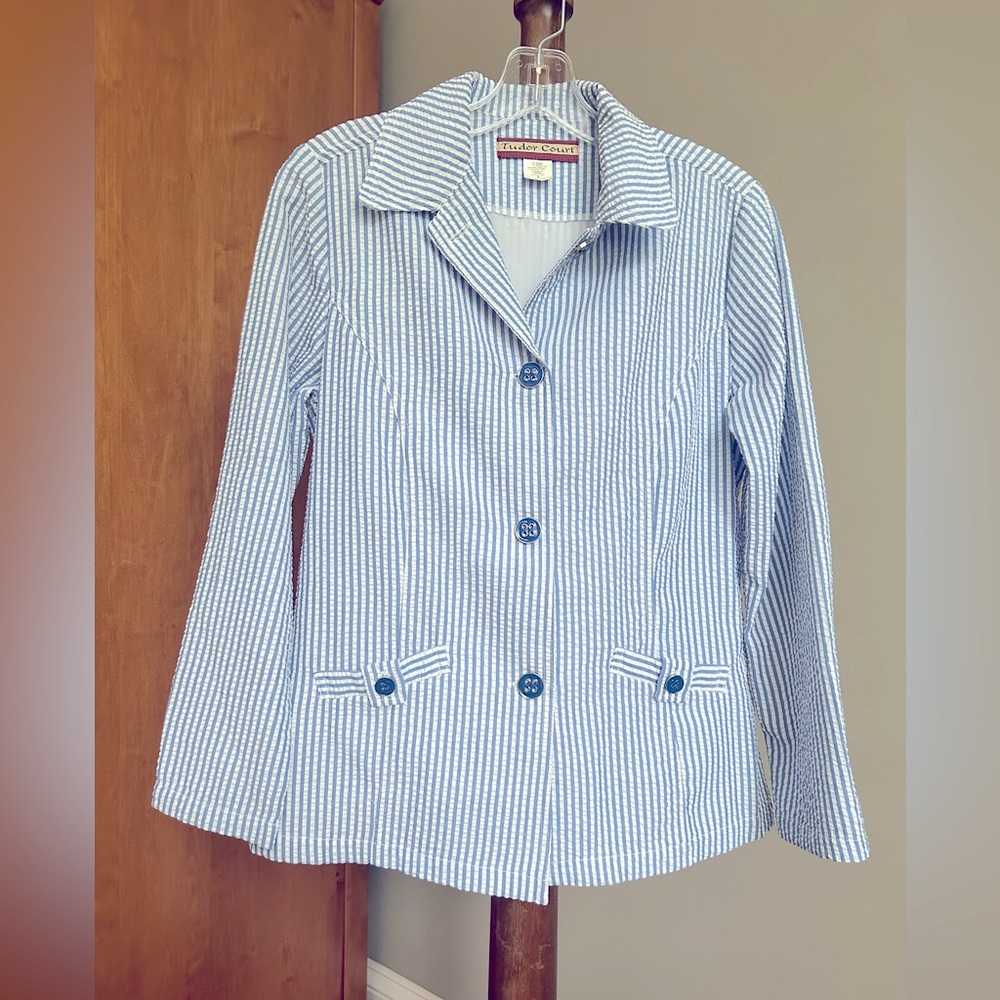 Tudor Court Light Blue Seersucker Button down Jacket Size S